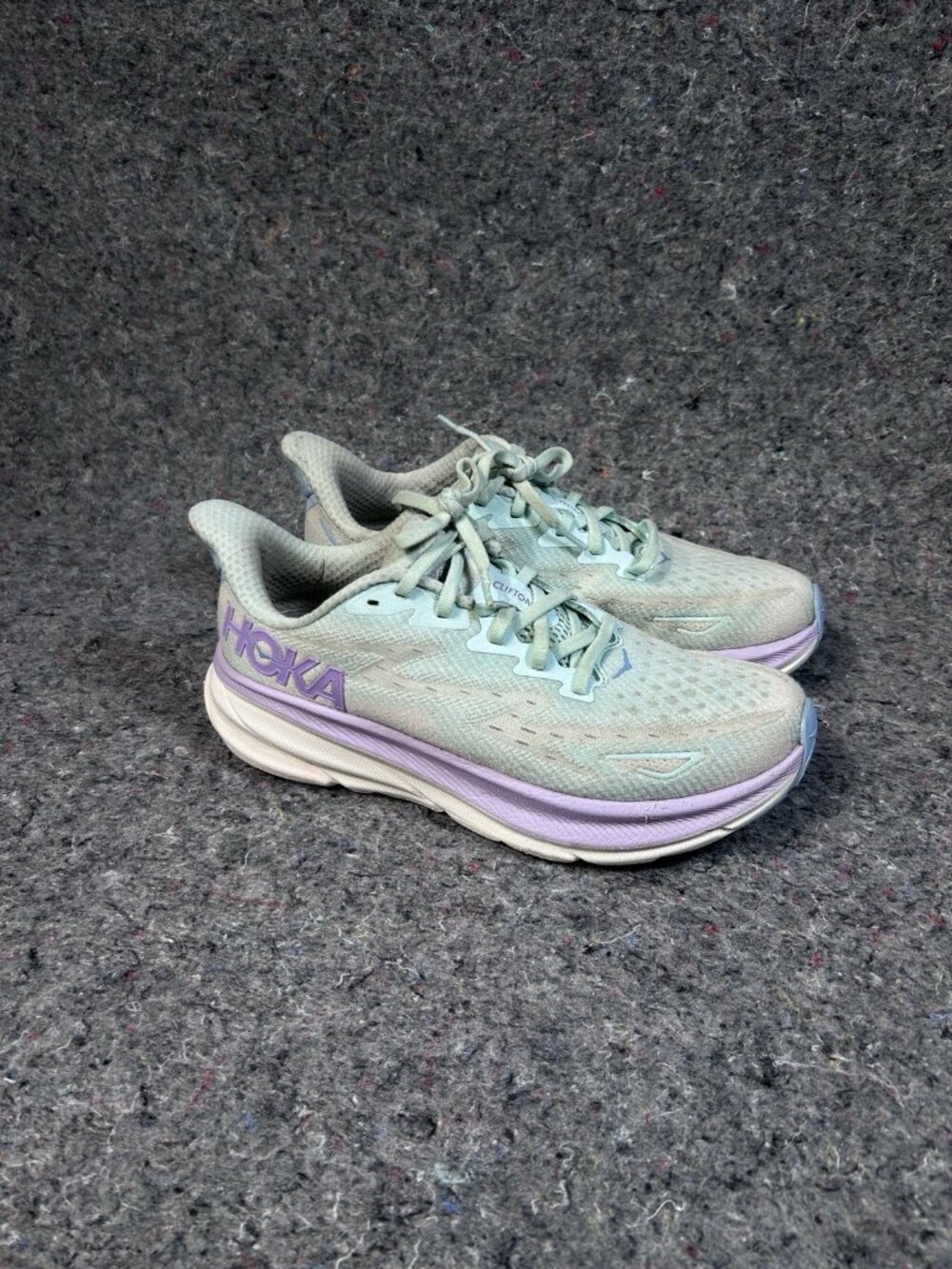 HOKA Clifton 9 Womens Size 8.5 Sage Green Purple Running Shoes